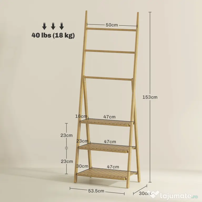 HOMCOM Raft de Baie Pliabil pentru Prosoape cu 3 Rafturi și 3 Bare, 53,5x30x153 cm, Lemn Natural