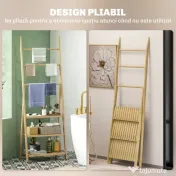 HOMCOM Raft de Baie Pliabil pentru Prosoape cu 3 Rafturi și 3 Bare, 53,5x30x153 cm, Lemn Natural