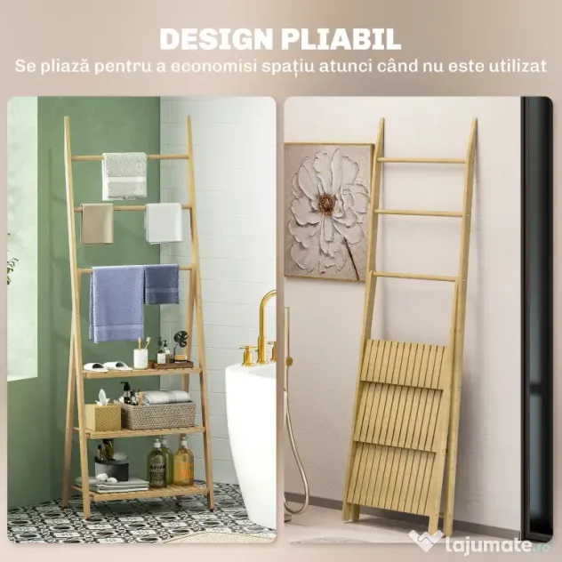 HOMCOM Raft de Baie Pliabil pentru Prosoape cu 3 Rafturi și 3 Bare, 53,5x30x153 cm, Lemn Natural