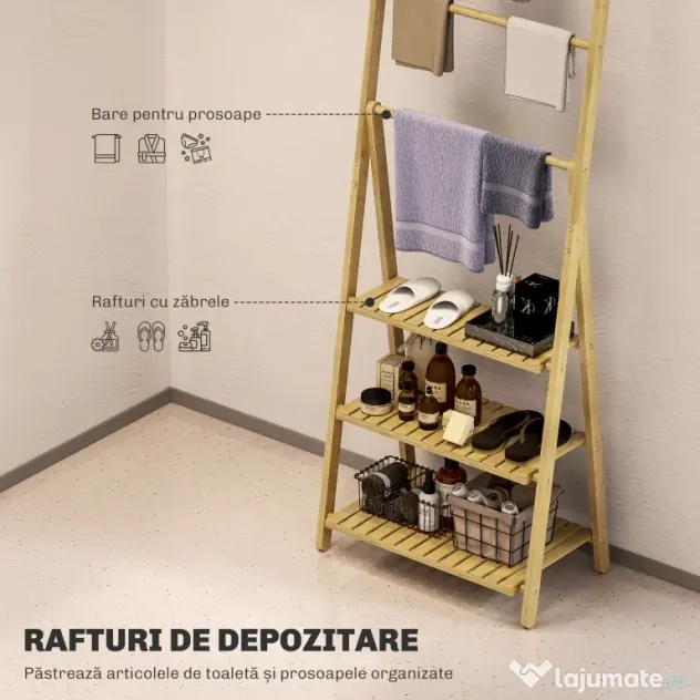 HOMCOM Raft de Baie Pliabil pentru Prosoape cu 3 Rafturi și 3 Bare, 53,5x30x153 cm, Lemn Natural