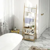 HOMCOM Raft de Baie Pliabil pentru Prosoape cu 3 Rafturi și 3 Bare, 53,5x30x153 cm, Lemn Natural