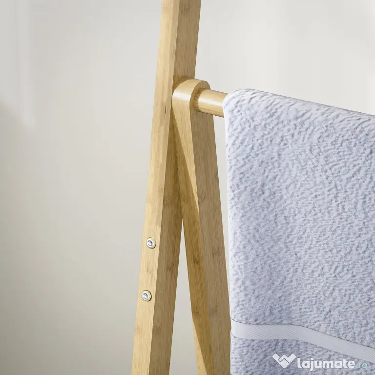 HOMCOM Raft de Baie Pliabil pentru Prosoape cu 3 Rafturi și 3 Bare, 53,5x30x153 cm, Lemn Natural