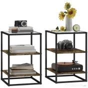 HOMCOM Set 2 Măsuțe  cu 3 Niveluri și Bază Înălțată, Măsuțe din Lemn, Metal și Blat din Sticlă Călită, 37x40x55,5 cm, Maro | Aosom Romania 