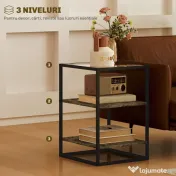 HOMCOM Set 2 Măsuțe  cu 3 Niveluri și Bază Înălțată, Măsuțe din Lemn, Metal și Blat din Sticlă Călită, 37x40x55,5 cm, Maro | Aosom Romania 
