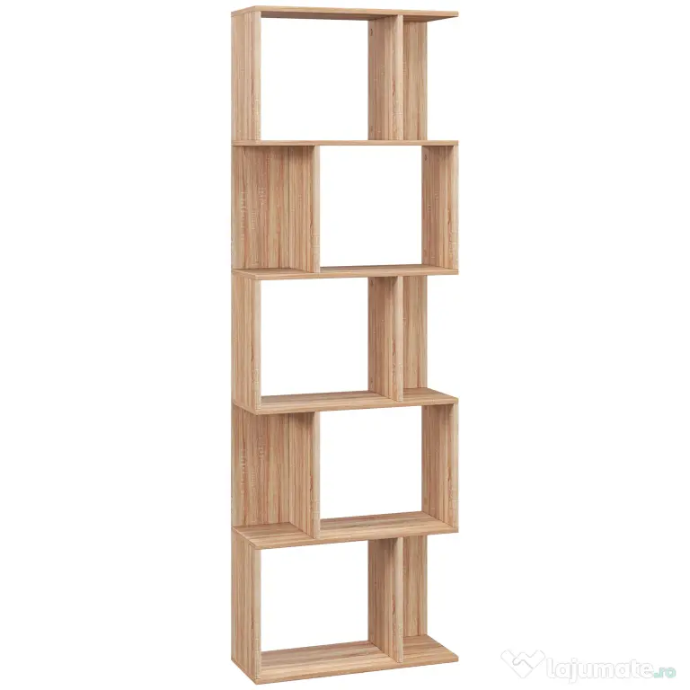 HOMCOM Bibliotecă cu 5 Rafturi Separate cu Spațiu de Economisire în Formă de S din Lemn, 60x24x184,5 cm, Lemn Natural | Aosom Romania