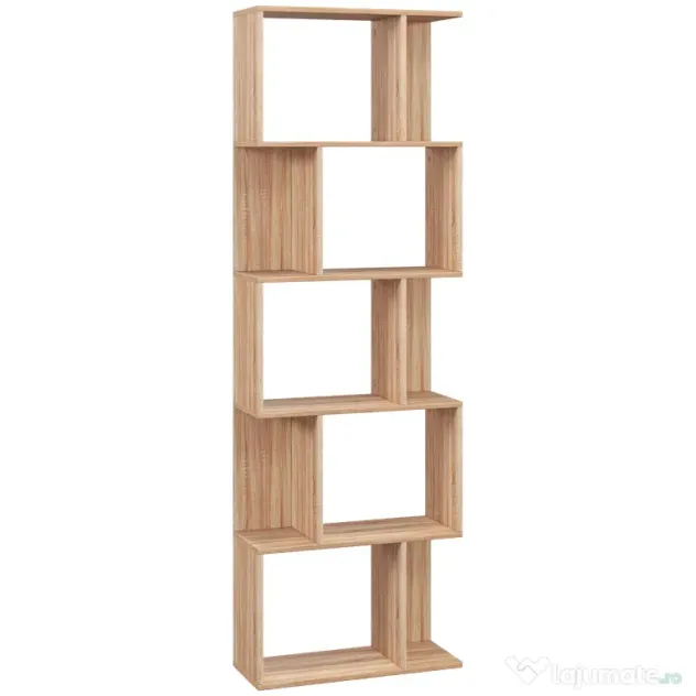HOMCOM Bibliotecă cu 5 Rafturi Separate cu Spațiu de Economisire în Formă de S din Lemn, 60x24x184,5 cm, Lemn Natural | Aosom Romania