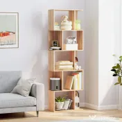HOMCOM Bibliotecă cu 5 Rafturi Separate cu Spațiu de Economisire în Formă de S din Lemn, 60x24x184,5 cm, Lemn Natural | Aosom Romania 