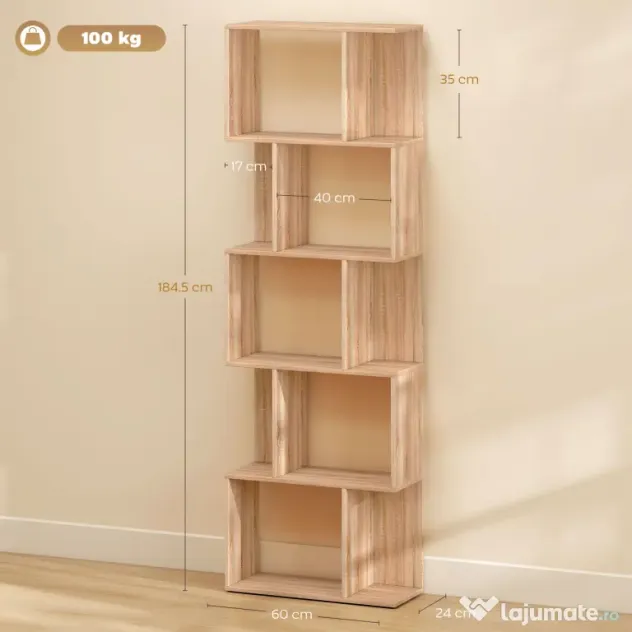 HOMCOM Bibliotecă cu 5 Rafturi Separate cu Spațiu de Economisire în Formă de S din Lemn, 60x24x184,5 cm, Lemn Natural | Aosom Romania
