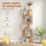 HOMCOM Bibliotecă cu 5 Rafturi Separate cu Spațiu de Economisire în Formă de S din Lemn, 60x24x184,5 cm, Lemn Natural | Aosom Romania 