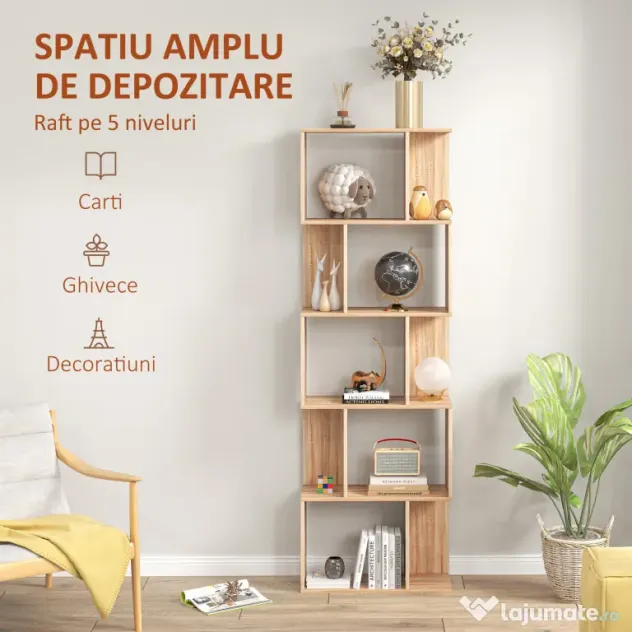 HOMCOM Bibliotecă cu 5 Rafturi Separate cu Spațiu de Economisire în Formă de S din Lemn, 60x24x184,5 cm, Lemn Natural | Aosom Romania