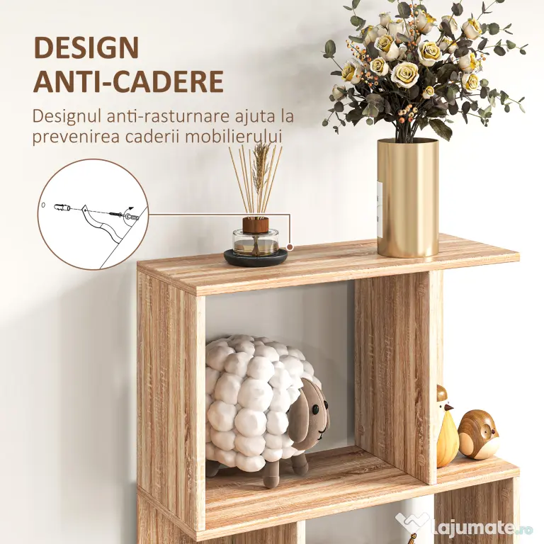 HOMCOM Bibliotecă cu 5 Rafturi Separate cu Spațiu de Economisire în Formă de S din Lemn, 60x24x184,5 cm, Lemn Natural | Aosom Romania