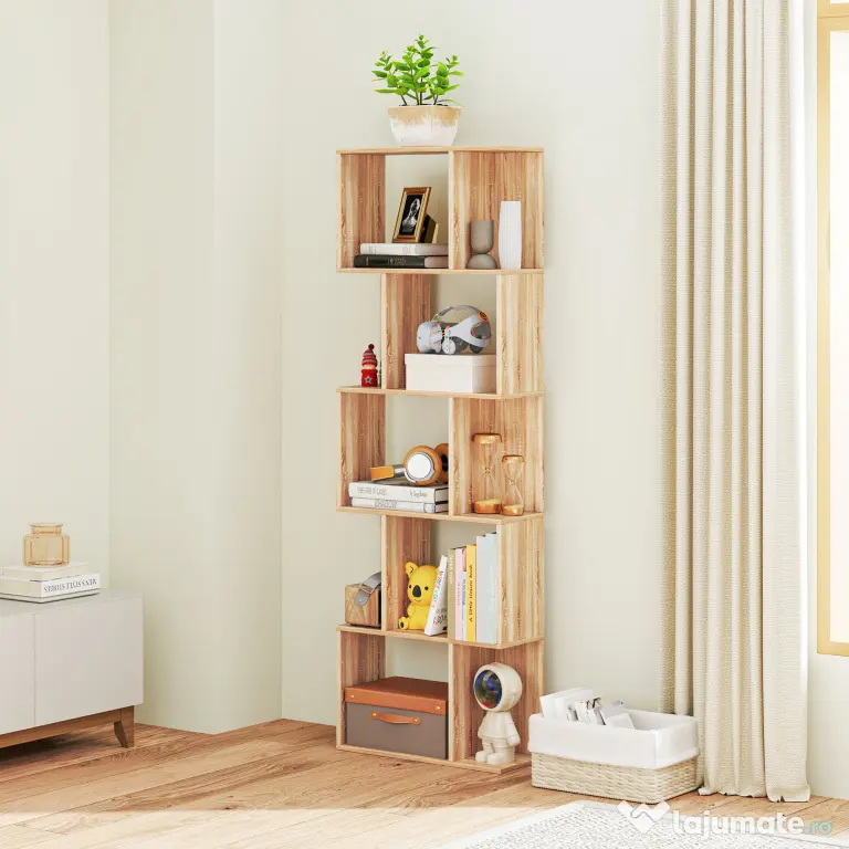 HOMCOM Bibliotecă cu 5 Rafturi Separate cu Spațiu de Economisire în Formă de S din Lemn, 60x24x184,5 cm, Lemn Natural | Aosom Romania