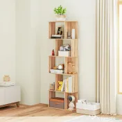 HOMCOM Bibliotecă cu 5 Rafturi Separate cu Spațiu de Economisire în Formă de S din Lemn, 60x24x184,5 cm, Lemn Natural | Aosom Romania 