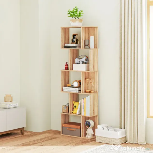 HOMCOM Bibliotecă cu 5 Rafturi Separate cu Spațiu de Economisire în Formă de S din Lemn, 60x24x184,5 cm, Lemn Natural | Aosom Romania