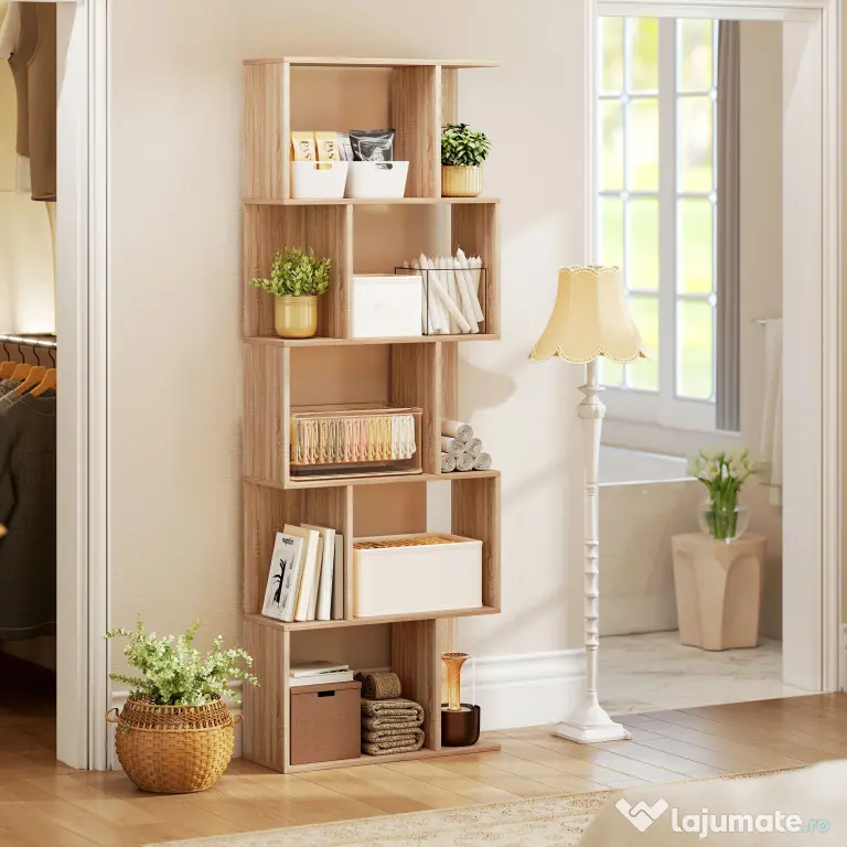 HOMCOM Bibliotecă cu 5 Rafturi Separate cu Spațiu de Economisire în Formă de S din Lemn, 60x24x184,5 cm, Lemn Natural | Aosom Romania