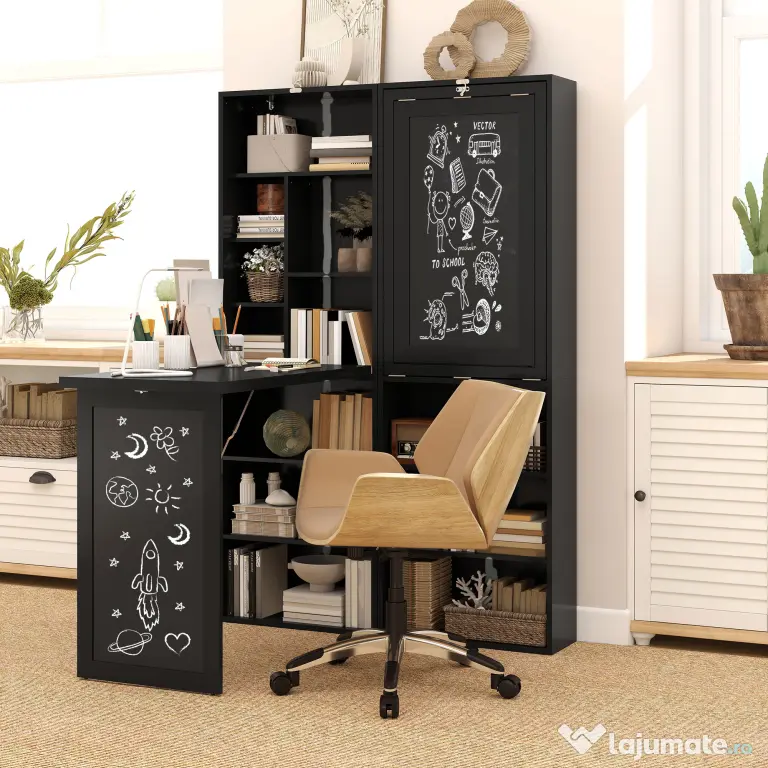 HOMCOM Birou Modern Pliabil cu Bibliotecă și Tablă, din Lemn și Metal, 98x51x153 cm, Negru | Aosom Romania