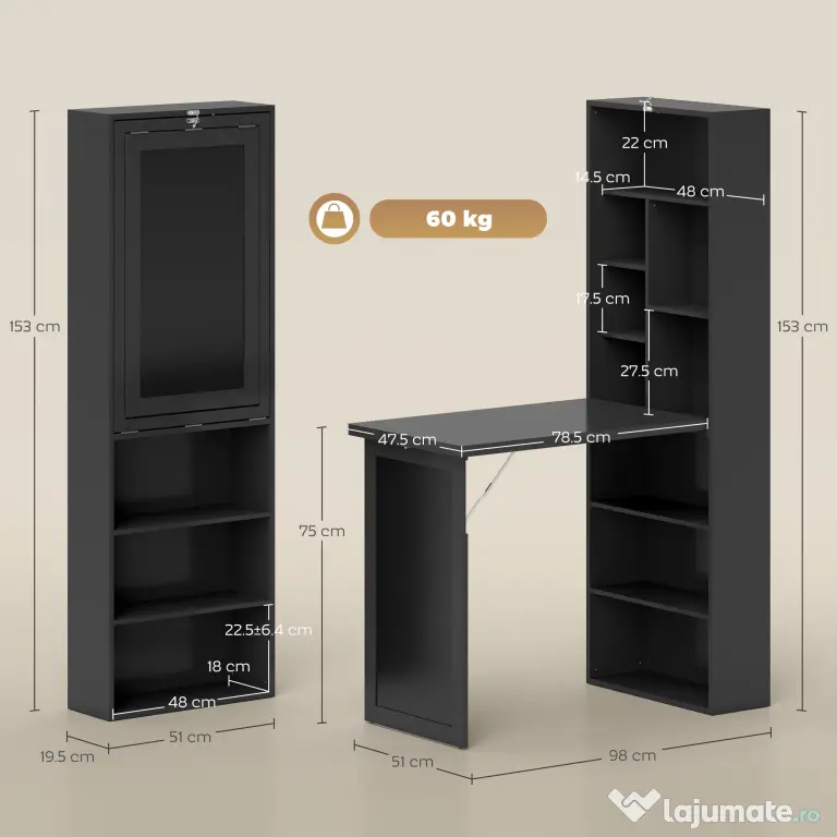 HOMCOM Birou Modern Pliabil cu Bibliotecă și Tablă, din Lemn și Metal, 98x51x153 cm, Negru | Aosom Romania