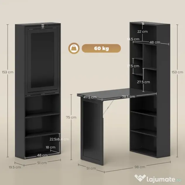 HOMCOM Birou Modern Pliabil cu Bibliotecă și Tablă, din Lemn și Metal, 98x51x153 cm, Negru | Aosom Romania