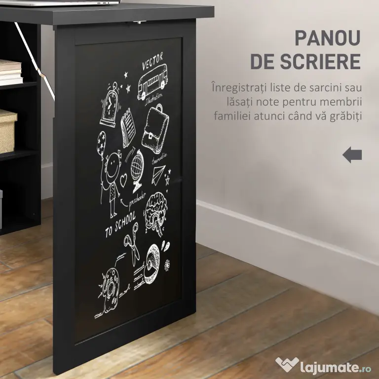HOMCOM Birou Modern Pliabil cu Bibliotecă și Tablă, din Lemn și Metal, 98x51x153 cm, Negru | Aosom Romania