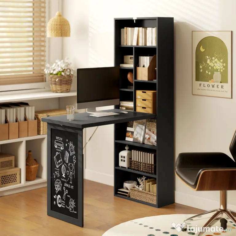 HOMCOM Birou Modern Pliabil cu Bibliotecă și Tablă, din Lemn și Metal, 98x51x153 cm, Negru | Aosom Romania