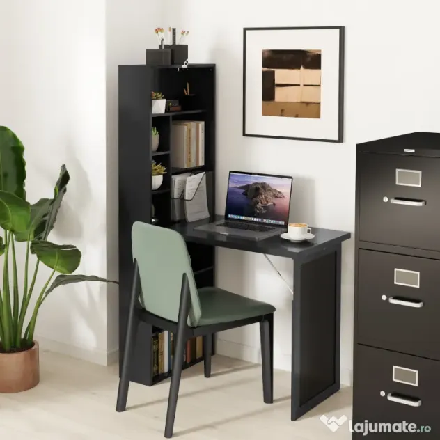 HOMCOM Birou Modern Pliabil cu Bibliotecă și Tablă, din Lemn și Metal, 98x51x153 cm, Negru | Aosom Romania