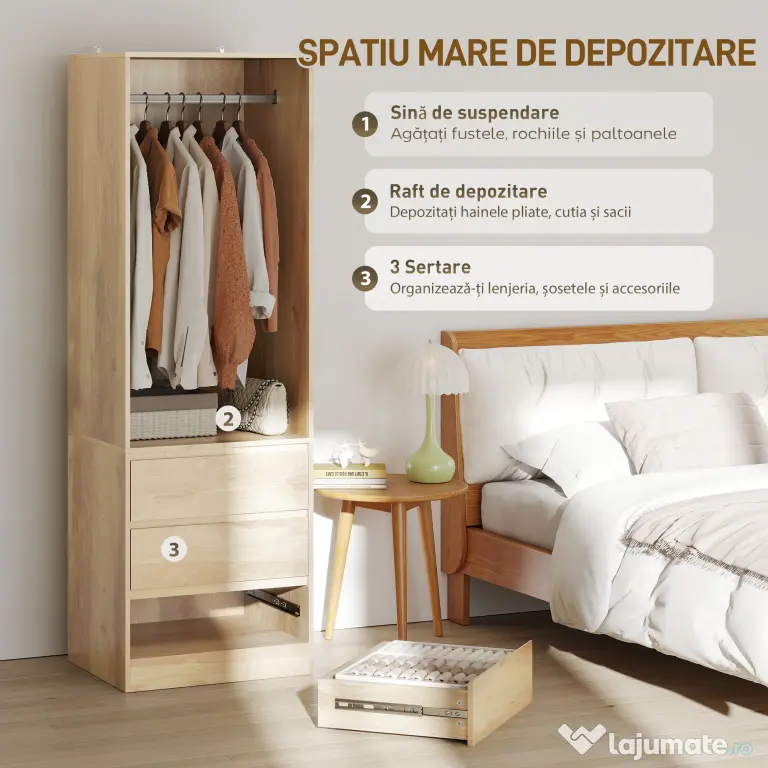 HOMCOM Dulap pentru Haine cu Bară pentru Umerașe, Raft Deschis și 3 Sertare, 60x48.5x185 cm, Maro | Aosom Romania