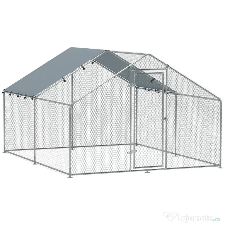 PawHut Coteț pentru Găini din Metal cu Copertină Impermeabilă și Rezistentă la UV, 3x3,4x1,9 m, Argintiu | Aosom Romania