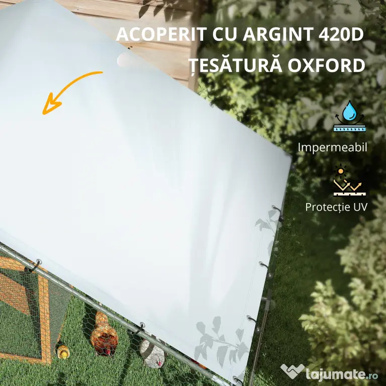 PawHut Coteț pentru Găini din Metal cu Copertină Impermeabilă și Rezistentă la UV, 3x3,4x1,9 m, Argintiu | Aosom Romania