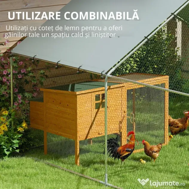 PawHut Coteț pentru Găini din Metal cu Copertină Impermeabilă și Rezistentă la UV, 3x3,4x1,9 m, Argintiu | Aosom Romania