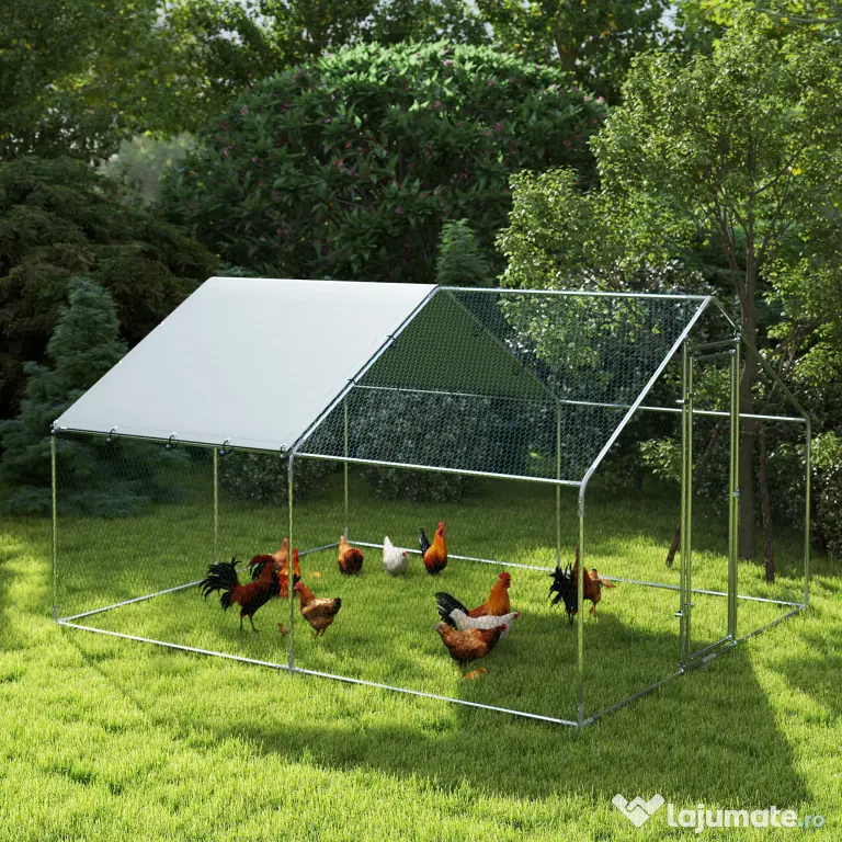 PawHut Coteț pentru Găini din Metal cu Copertină Impermeabilă și Rezistentă la UV, 3x3,4x1,9 m, Argintiu | Aosom Romania