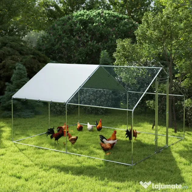 PawHut Coteț pentru Găini din Metal cu Copertină Impermeabilă și Rezistentă la UV, 3x3,4x1,9 m, Argintiu | Aosom Romania