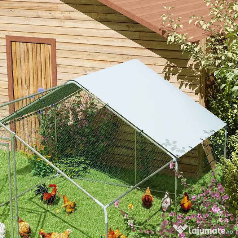 PawHut Coteț pentru Găini din Metal cu Copertină Impermeabilă și Rezistentă la UV, 3x3,4x1,9 m, Argintiu | Aosom Romania
