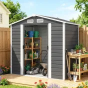 Outsunny Magazie de Grădină din Tablă de Oțel cu 4 Orificii de Ventilație și 2 Uși Glisante, 213x120x194 cm, Gri Închis | Aosom Romania 