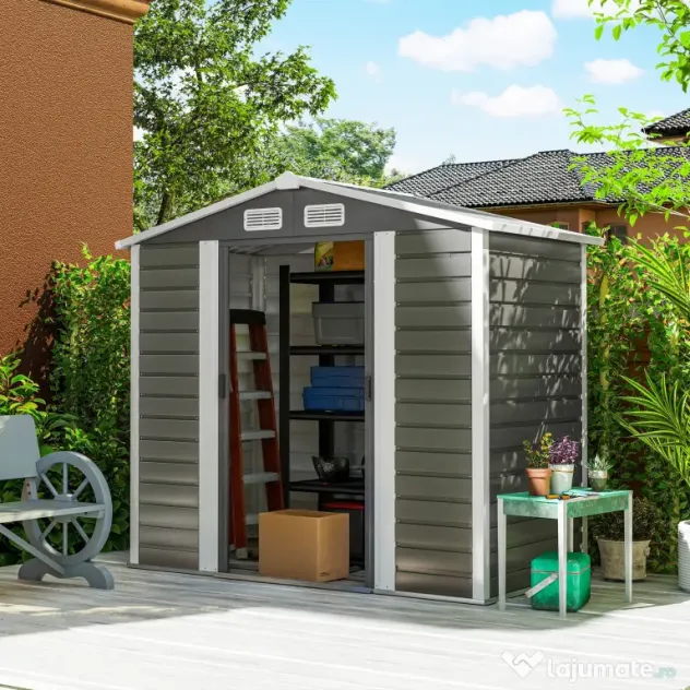 Outsunny Magazie de Grădină din Tablă de Oțel cu 4 Orificii de Ventilație și 2 Uși Glisante, 213x120x194 cm, Gri Închis | Aosom Romania