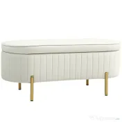 HOMCOM Bancă de Depozitare de Intrare Ovală 72L, Design Canelat cu Capac Rabatabil și Scaun Capitonat, Bancă de la Capătul Patului, Pouf, în Velur și cu Picioare din Lemn de Pin, 108x44x43.5 cm, Crem | Aosom Romania 