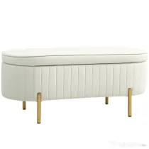 HOMCOM Bancă de Depozitare de Intrare Ovală 72L, Design Canelat cu Capac Rabatabil și Scaun Capitonat, Bancă de la Capătul Patului, Pouf, în Velur și cu Picioare din Lemn de Pin, 108x44x43.5 cm, Crem | Aosom Romania