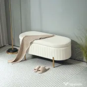 HOMCOM Bancă de Depozitare de Intrare Ovală 72L, Design Canelat cu Capac Rabatabil și Scaun Capitonat, Bancă de la Capătul Patului, Pouf, în Velur și cu Picioare din Lemn de Pin, 108x44x43.5 cm, Crem | Aosom Romania 