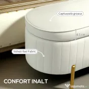 HOMCOM Bancă de Depozitare de Intrare Ovală 72L, Design Canelat cu Capac Rabatabil și Scaun Capitonat, Bancă de la Capătul Patului, Pouf, în Velur și cu Picioare din Lemn de Pin, 108x44x43.5 cm, Crem | Aosom Romania 
