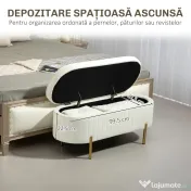 HOMCOM Bancă de Depozitare de Intrare Ovală 72L, Design Canelat cu Capac Rabatabil și Scaun Capitonat, Bancă de la Capătul Patului, Pouf, în Velur și cu Picioare din Lemn de Pin, 108x44x43.5 cm, Crem | Aosom Romania 