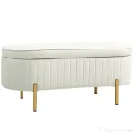 HOMCOM Bancă de Depozitare Ovală 72L cu Capac Rabatabil, din Țesătură Velurată și Lemn, 108x44x43.5 cm, Crem