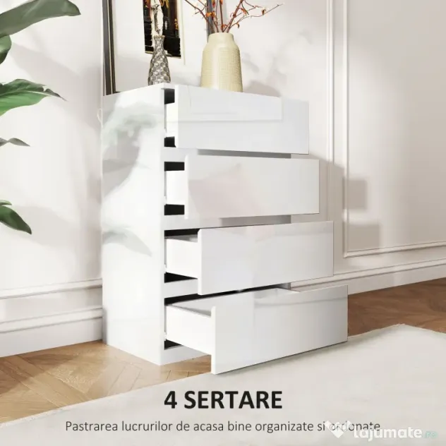 HOMCOM Comodă Modernă cu 4 Sertare Anti-Răsturnare, Comodă din Pal Melaminat, 55x33x80 cm, Alb Lucios | Aosom Romania