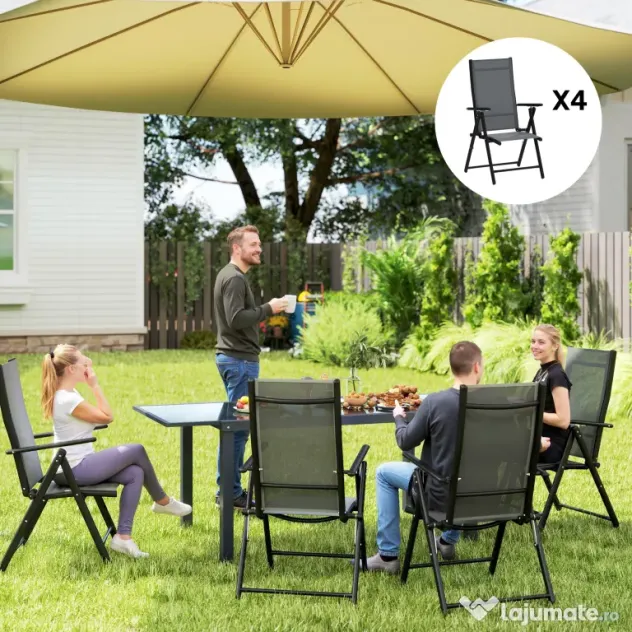Outsunny Set de 4 Scaune Pliabile pentru Grădină cu Spătar și Șezut din Plasă, 56x69x106 cm, Gri | Aosom Romania