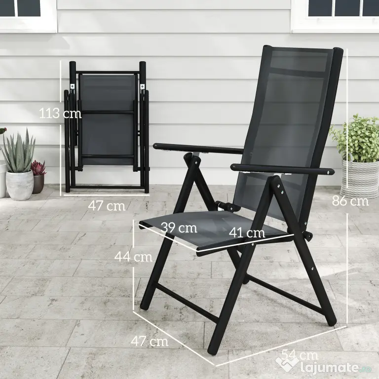 Outsunny Set de 4 Scaune Pliabile pentru Grădină cu Spătar și Șezut din Plasă, 56x69x106 cm, Gri | Aosom Romania