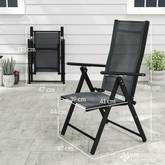 Outsunny Set de 4 Scaune Pliabile pentru Grădină cu Spătar și Șezut din Plasă, 56x69x106 cm, Gri | Aosom Romania