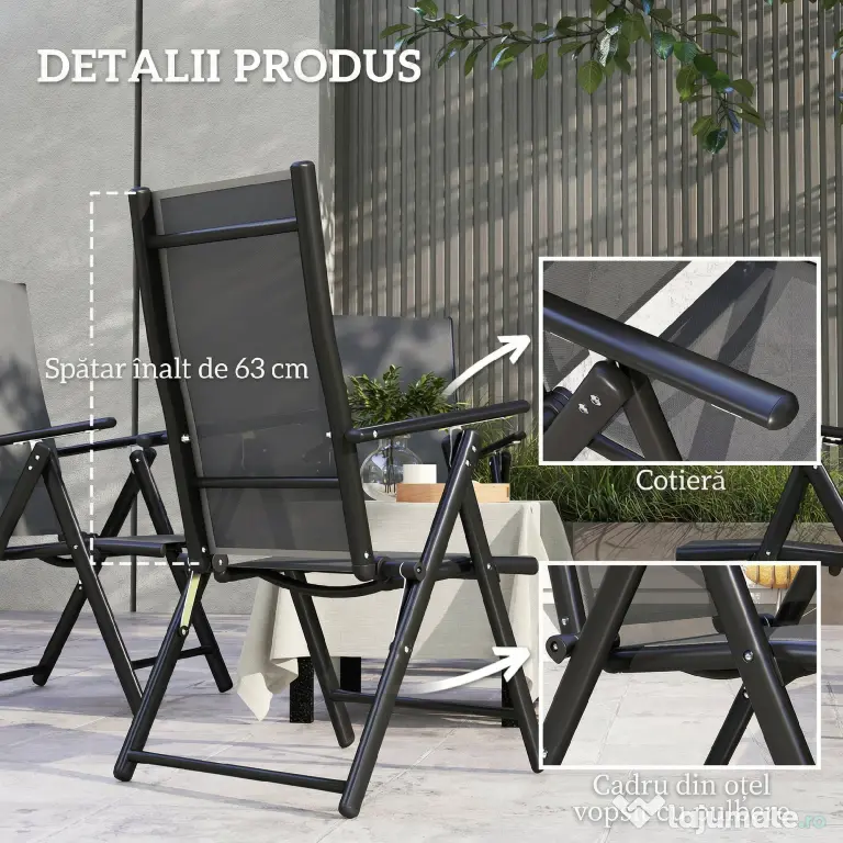 Outsunny Set de 4 Scaune Pliabile pentru Grădină cu Spătar și Șezut din Plasă, 56x69x106 cm, Gri | Aosom Romania
