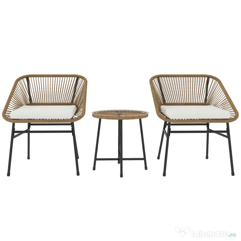 Outsunny Set Bistro din 3 Piese cu Măsuță de Cafea cu Blat de Sticlă și 2 Scaune, Φ45x46 cm, Natural | Aosom Romania