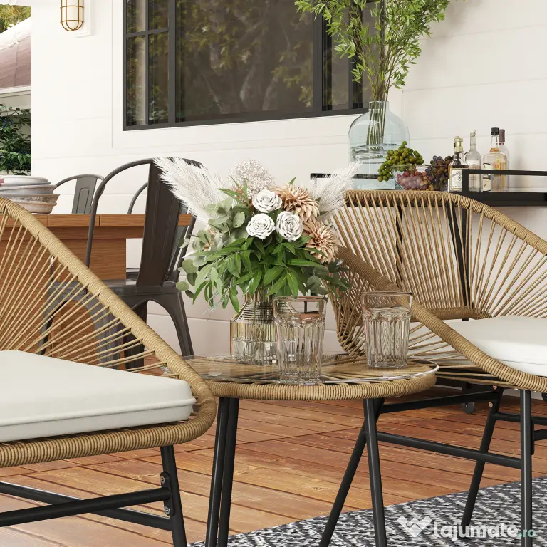 Outsunny Set Bistro din 3 Piese cu Măsuță de Cafea cu Blat de Sticlă și 2 Scaune, Φ45x46 cm, Natural | Aosom Romania