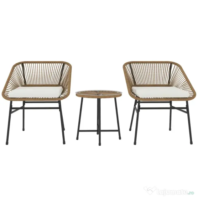 Outsunny Set de Grădină 3 Piese din Ratan PE și Oțel cu 2 Scaune cu Perne și Masă Rotundă, Multicolor