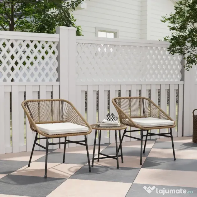 Outsunny Set de Grădină 3 Piese din Ratan PE și Oțel cu 2 Scaune cu Perne și Masă Rotundă, Multicolor