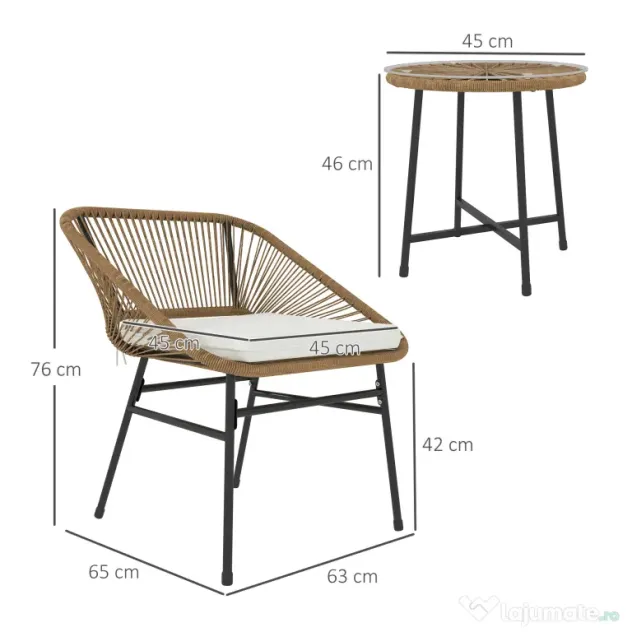 Outsunny Set de Grădină 3 Piese din Ratan PE și Oțel cu 2 Scaune cu Perne și Masă Rotundă, Multicolor